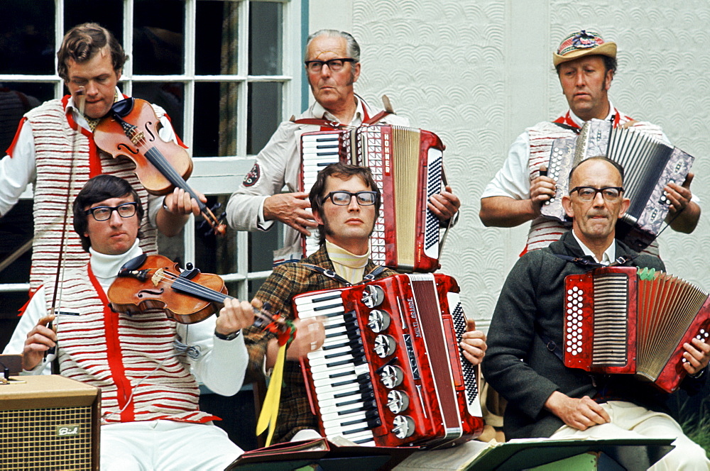 Traditional English Morris Men in costume at a Morris dancing festival in Cambridge, UK