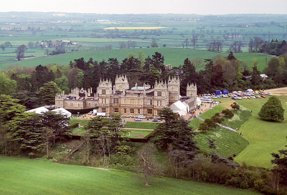 Aerial view of Mentmore Towers stately home with marquees where Sothebys conducts auction of contents, Buckinghamshire in 1977, UK