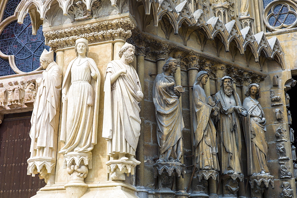 Statues cleaned during renovation and cleaning works at Reims Notre Dame Cathedral, UNESCO World Heritage Site, Reims, Champagne-Ardenne, France