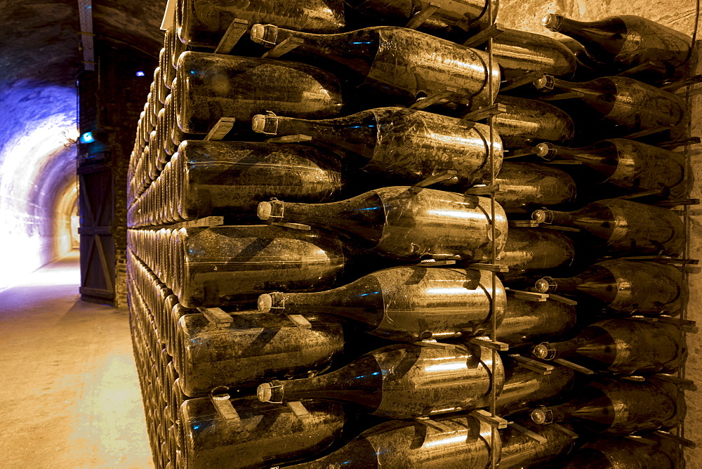 Methuselah bottles stacked and ageing in caves of Champagne Taittinger in Reims, Champagne-Ardenne, France, Europe