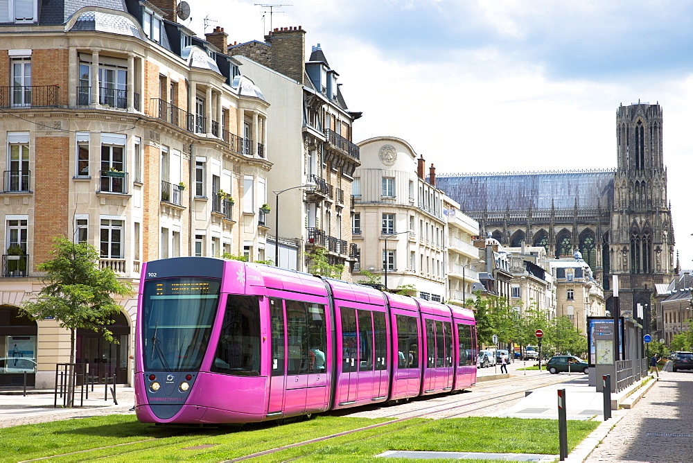 Modern tram in Cours de Jean-Baptiste Langlet in Reims, Champagne-Ardenne, France, Europe