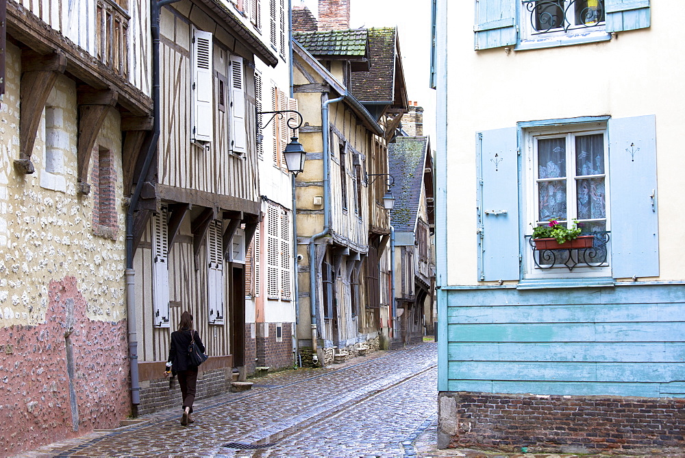 Traditional medieval timber-frame architecture and narrow cobbled street at Troyes in the Champagne-Ardenne region, France, Europe