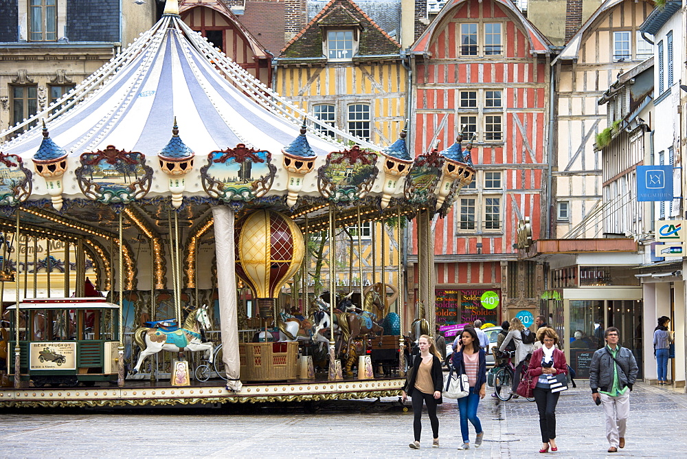 Traditional medieval timber-frame architecture in central square at Troyes in the Champagne-Ardenne region, France, Europe