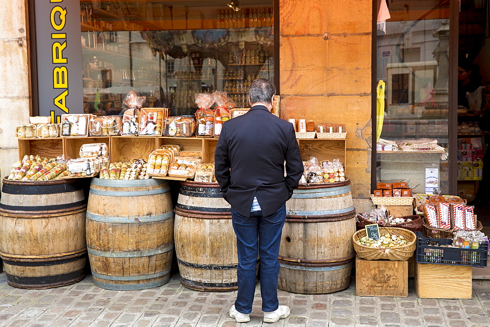 Dijon mustard and speciality food for sale in La Fabrique Bouchons shop in old town in Dijon, Burgundy region, France, Europe