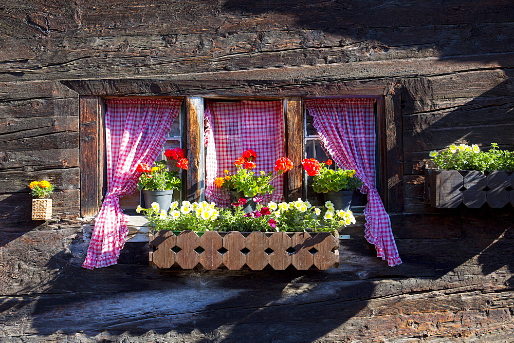 Traditional window of chalet in village of Zmutt in the Swiss Alps near Zermatt, Valais, Switzerland, Europe