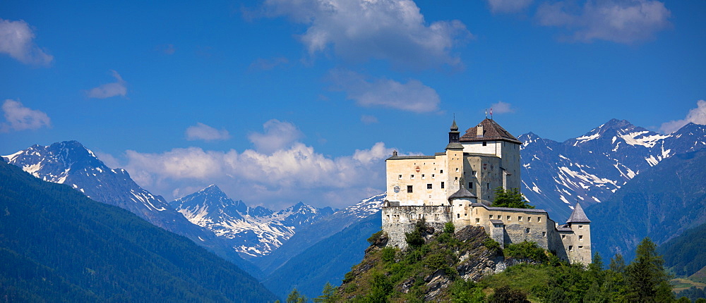 Tarasp Castle in the Lower Engadine Valley in the Swiss Alps, Switzerland, Europe