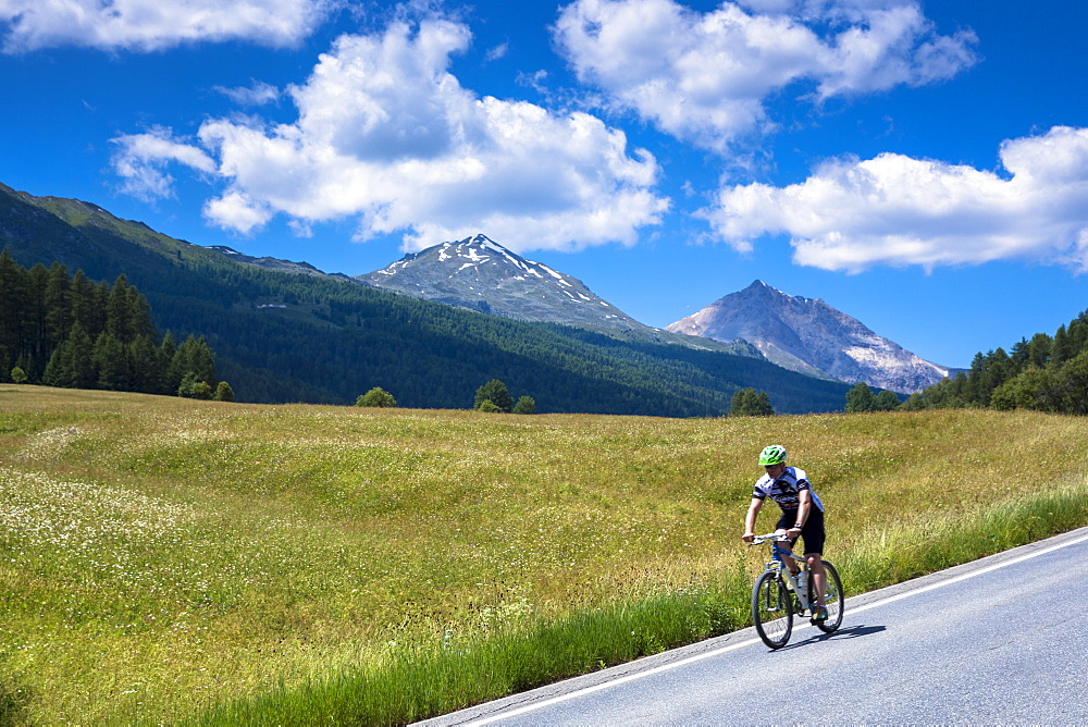 Cycling downhill in the Swiss National Park with background of the Swiss Alps, Switzerland, Europe