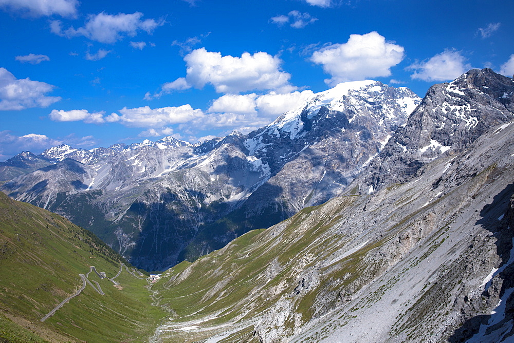 The Stelvio Pass (Passo dello Stelvio) (Stilfser Joch) on the left, in The Ortler Alps, in the Eastern Alps in Northern Italy, Europe