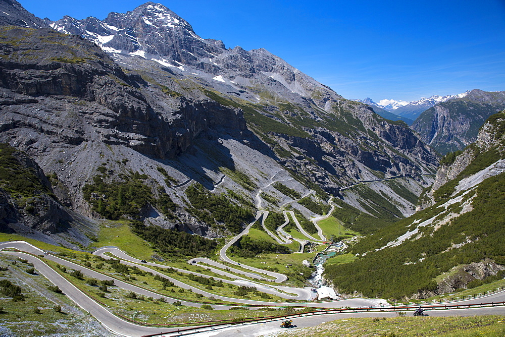 Motorcycles on The Stelvio Pass (Passo dello Stelvio) (Stilfser Joch), on the route to Bormio, in the Eastern Alps in Northern Italy, Europe