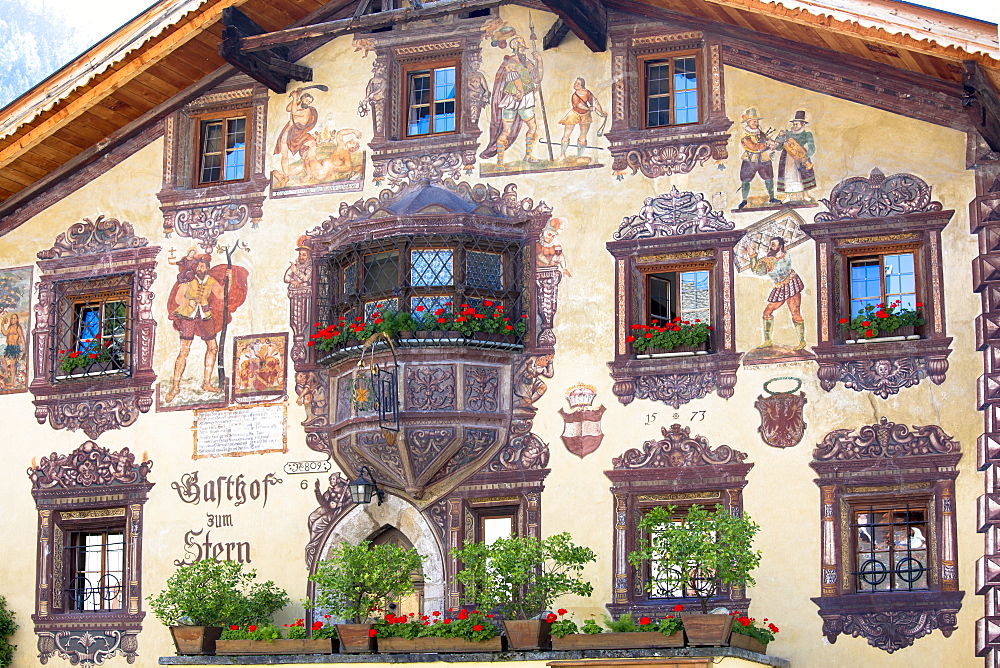 Gasthof Stern 16th century hotel in Kirchweg, built 1573, in the old part of the town of Oetz in the Tyrol, Austria, Europe