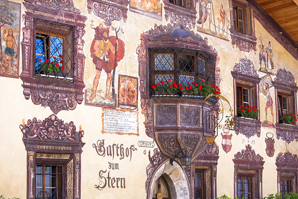 Gasthof Stern 16th century hotel in Kirchweg, built 1573, in the old part of the town of Oetz in the Tyrol, Austria, Europe