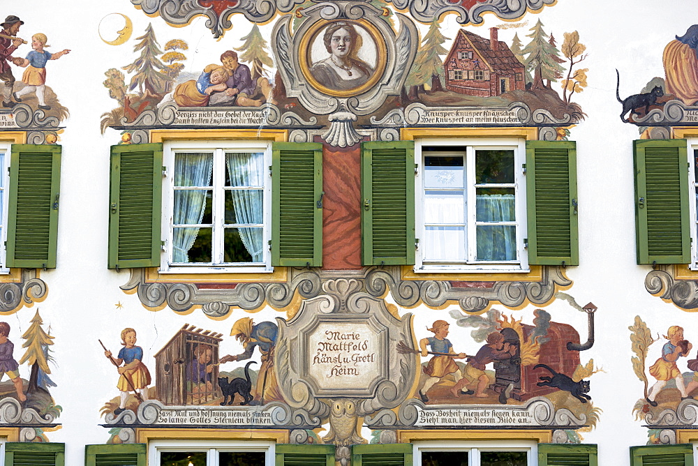 Painted facade of Grimms Fairy Tale story of Hansel and Gretel in the village of Oberammergau in Bavaria, Germany, Europe