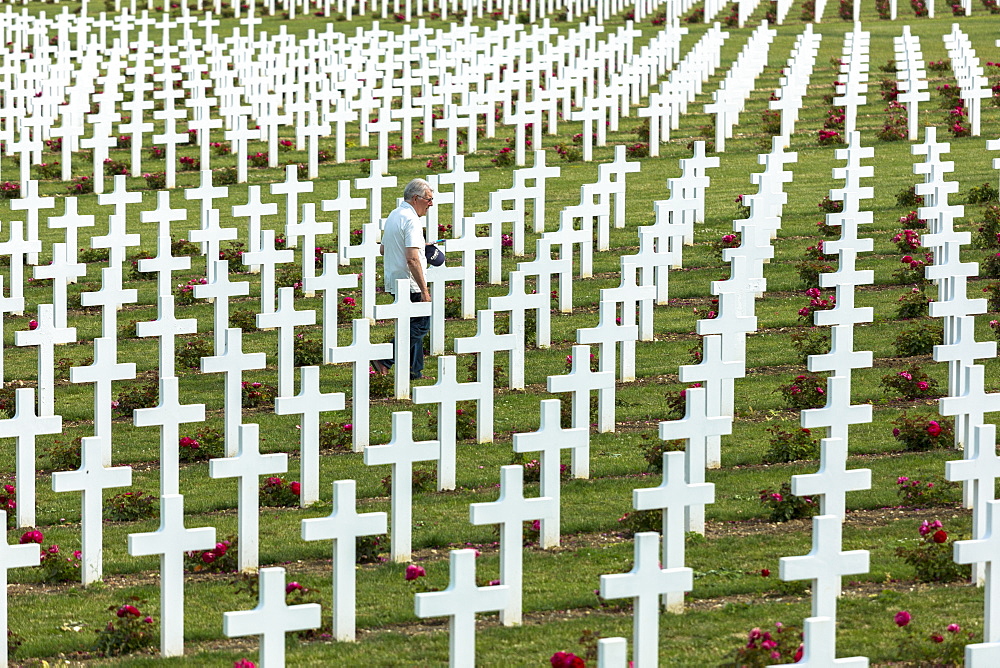 Man visiting the Cemetery of Douaumont (Ossuaire de Douaumont) at Fleury-devant-Douaumont near Verdun, Meuse, Lorraine, France, Europe