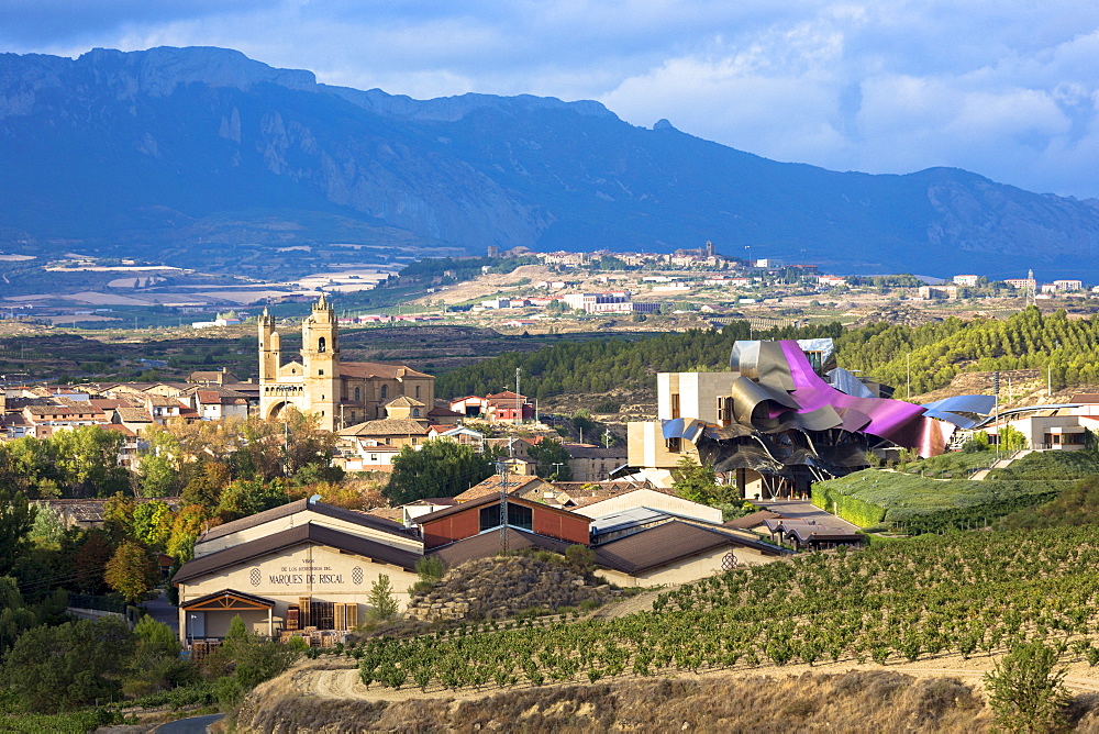 Marques de Riscal Bodega winery, vines and Hotel Marques de Riscal, designed by Frank O Gehry at Elciego in Rioja-Alavesa, Basque Country, Euskadi, Spain, Europe