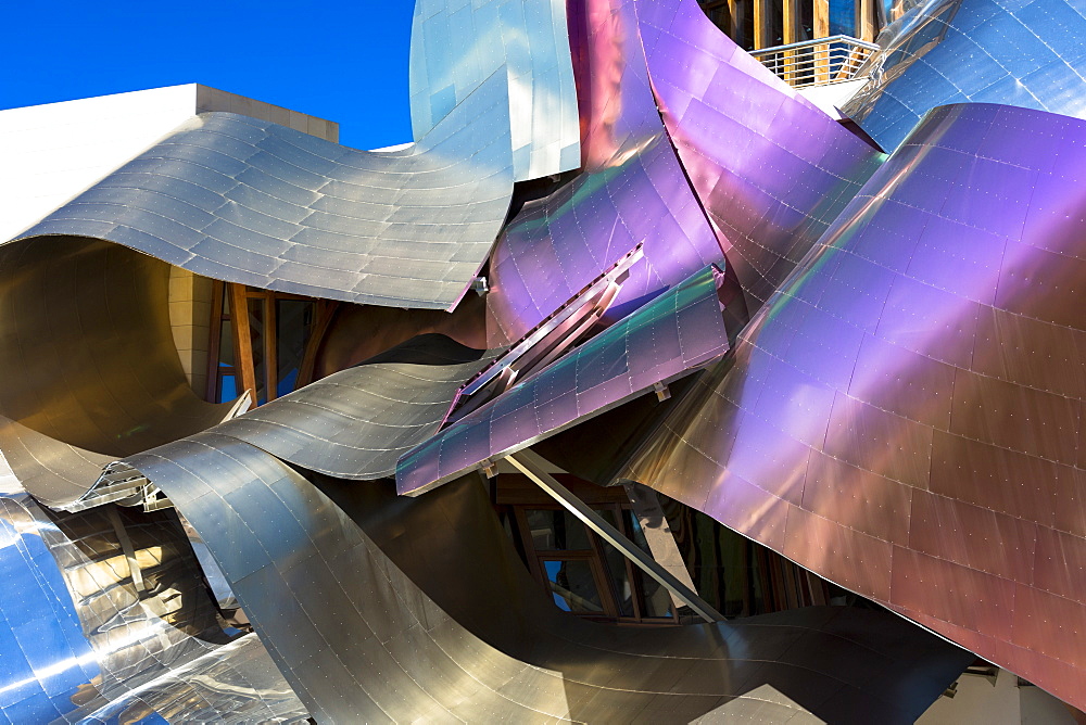 Hotel Marques de Riscal, futuristic curved design by architect Frank O Gehry, at Elciego in Rioja-Alavesa area of the Basque Country, Euskadi, Spain, Europe