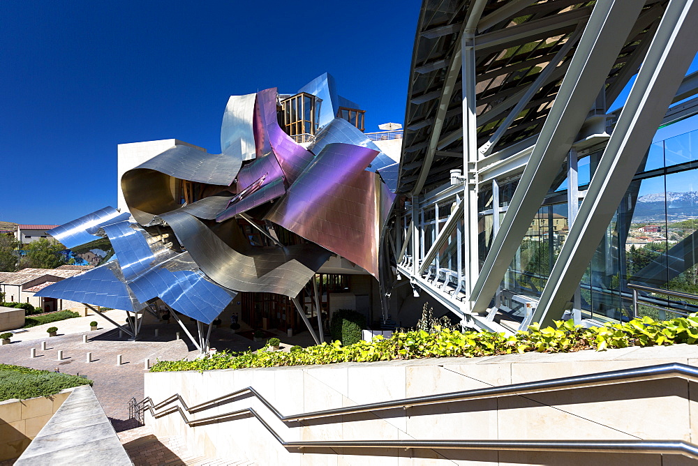 Hotel Marques de Riscal, futuristic curved design by architect Frank O Gehry, at Elciego in Rioja-Alavesa area of the Basque Country, Euskadi, Spain, Europe