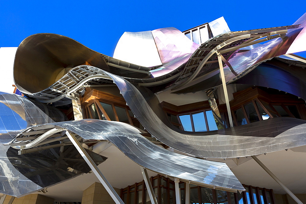 Hotel Marques de Riscal, futuristic curved design by architect Frank O Gehry, at Elciego in Rioja-Alavesa area of the Basque Country, Euskadi, Spain, Europe