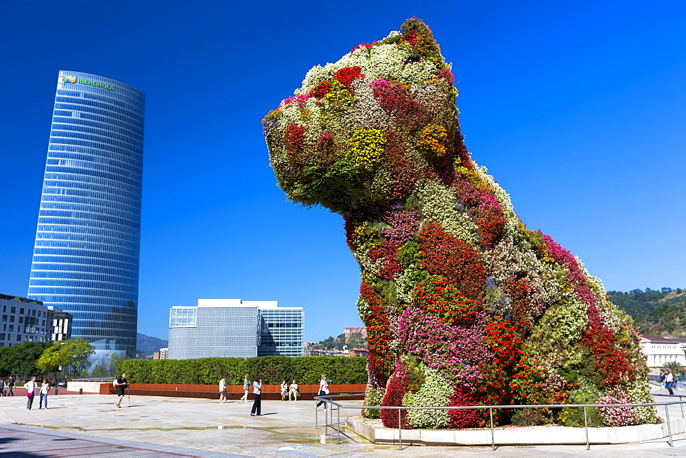 Puppy flower feature floral art in dog form by Jeff Koons at Guggenheim Museum and Iberdrola Tower, Bilbao, Basque Country, Euskadi, Spain, Europe