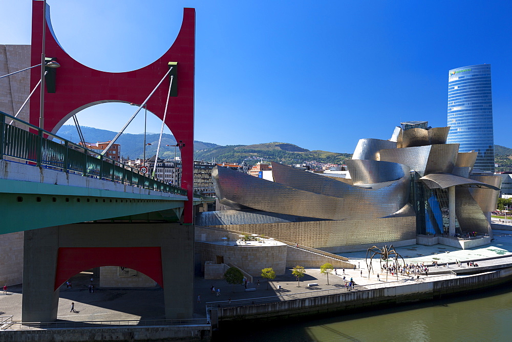 Guggenheim Museum, Iberdrola Tower skyscraper and Red Bridge in Bilbao, Basque country, Euskadi, Spain, Europe