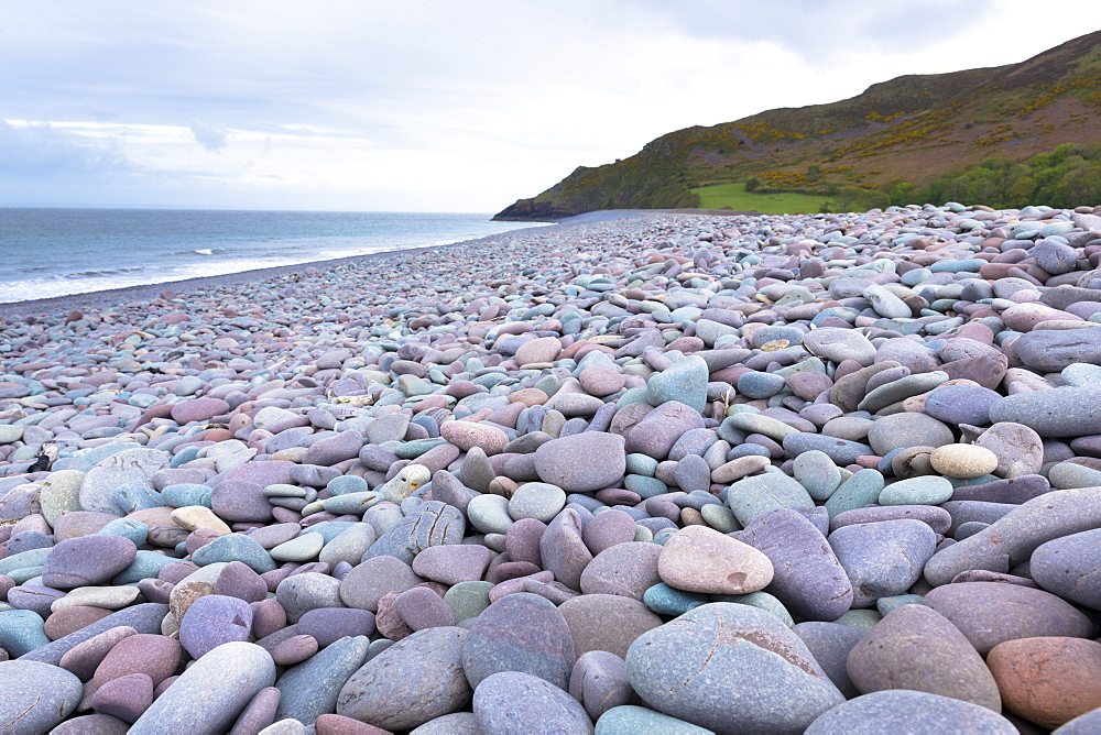 Pastel shades of pebbly beach at Bossington in Somerset, England, United Kingdom, Europe