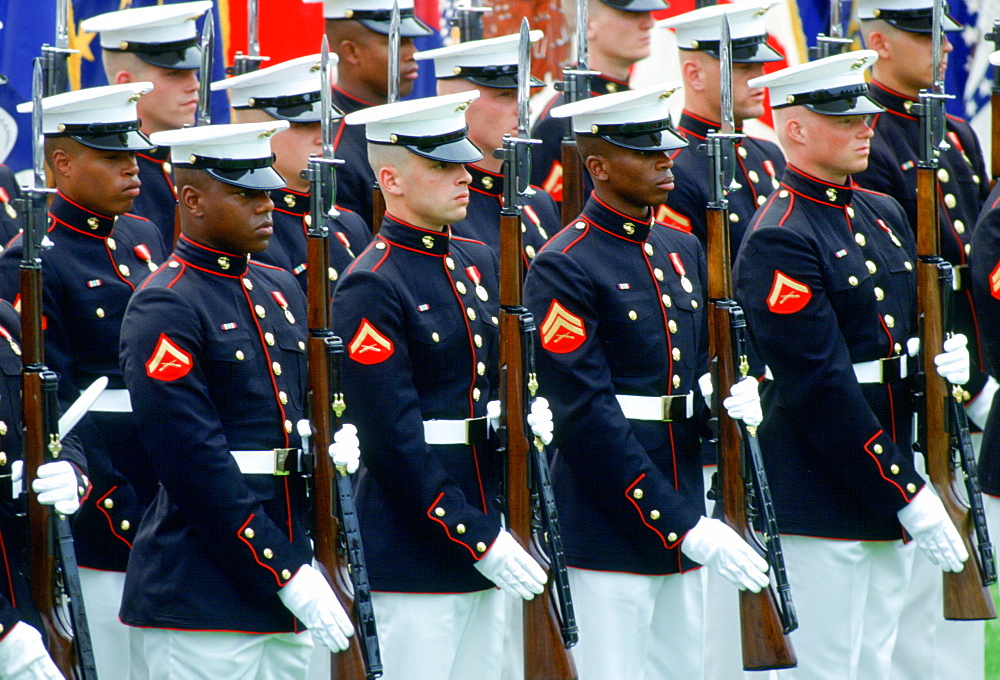 United States Military Guard of Honour with rifles raised parade on the White House Lawn, Washington, USA