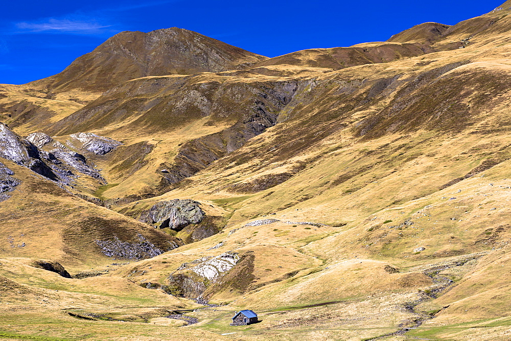 Farm hut near Laruns in French Pyrenees mountains, Pyrenees-Atlantiques in Aquitaine region, France, Europe