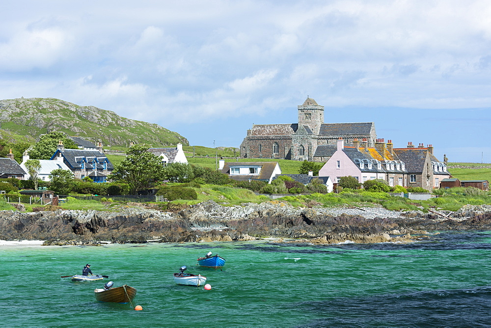 The ancient Iona Abbey and St. Oran's Chapel on the Isle of Iona, Inner Hebrides and Western Isles, Scotland, United Kingdom, Europe