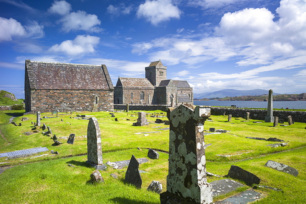 Iona Abbey and graveyard, the burial place of kings and clan chiefs, Isle of Iona in the Inner Hebrides and Western Isles, Scotland, United Kingdom, Europe