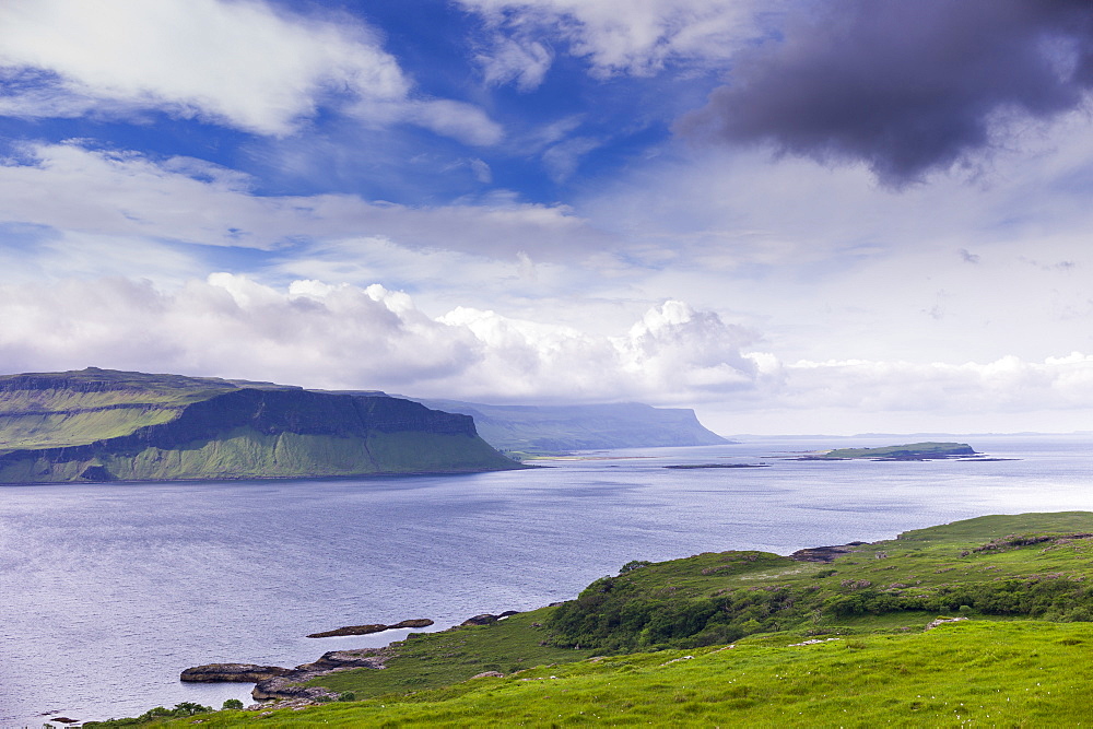 Panoramic view across Loch Na Keal on the Isle of Mull to the sea in the Inner Hebrides, Western Isles, Scotland, United Kingdom, Europe