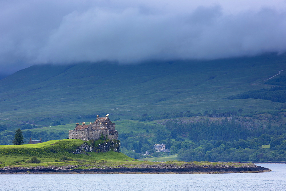 Sound of Mull and Duart Castle, home of Maclean clan, on the Isle of Mull in the Inner Hebrides, Western Isles, Scotland, United Kingdom, Europe