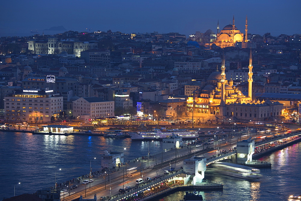 City scene including Yeni Camii (Great Mosque) by Golden Horn of Bosphorus River, Topkapi Palace, Hagia Sophia, Istanbul, Turkey, Europe