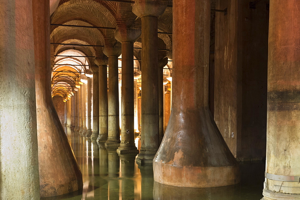 Water reflecting columns at Basilica Cistern (Sunken Palace) subterranean water system underground, Istanbul, Turkey, Europe