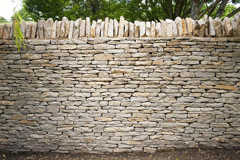 Newly built dry stone wall constructed of new Cotswolds stone using traditional old methods, Oxfordshire, England, United Kingdom, Europe