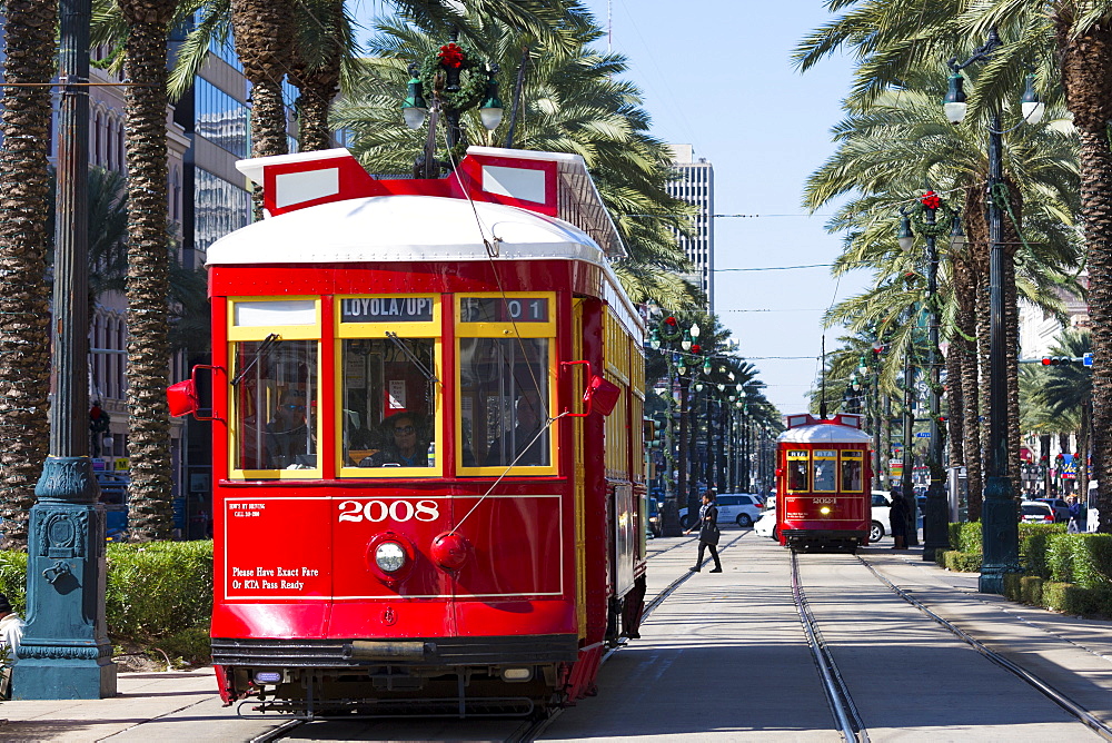 Streetcars in Canal Street in New Orleans, Louisiana, USA