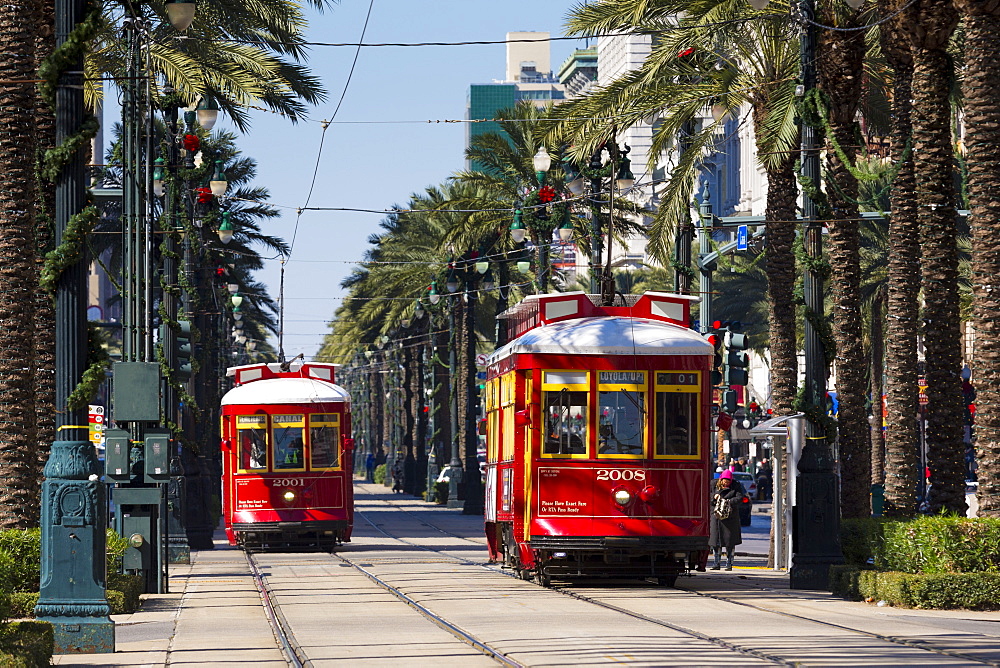 Streetcars in Canal Street in New Orleans, Louisiana, USA