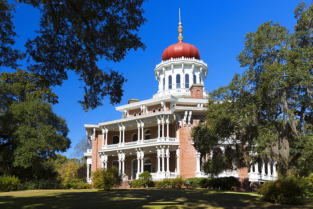 Longwood 19th Century antebellum plantation mansion house with Byzantine dome roof, live oak with moss, Natchez, Mississippi USA