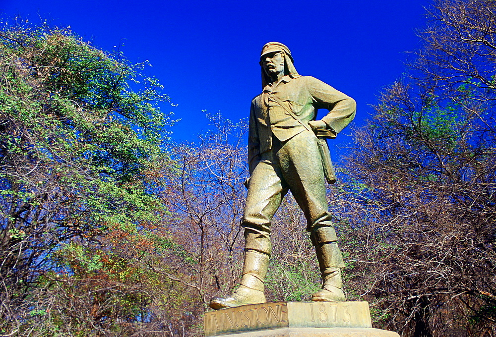 Statue of explorer David Livingstone at Victoria Falls on the Zambezi River, Zimbabwe, Africa