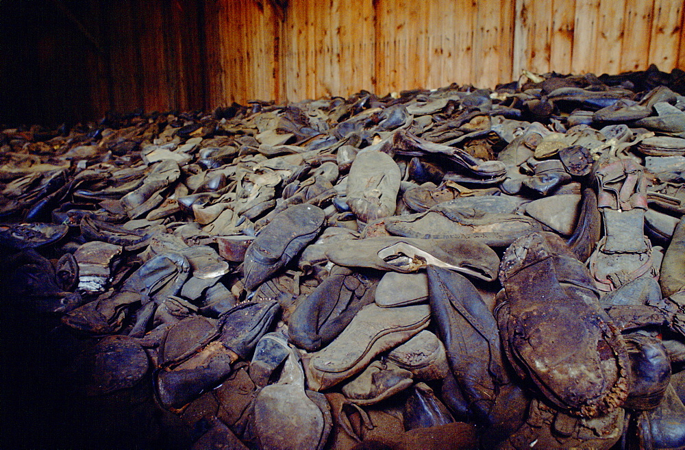 A room full of discarded shoes from victims of the Majdanek Concentration Camp in Poland.