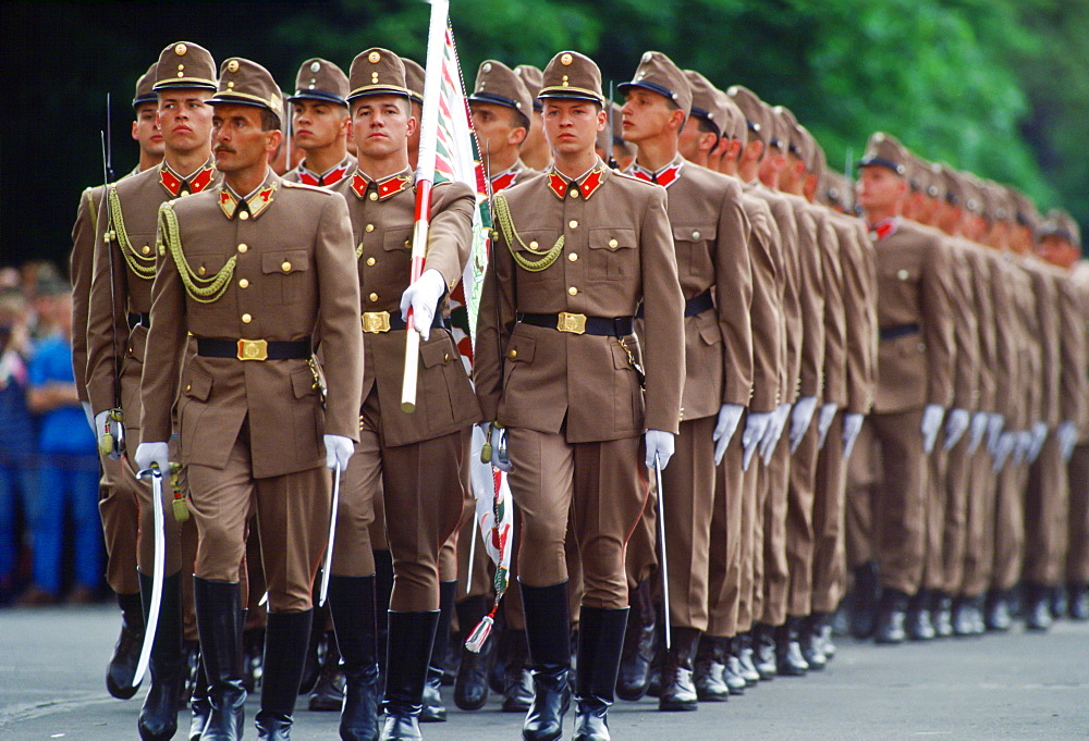 Hungarian Soldiers in khaki uniform marching in Budapest, Hungary