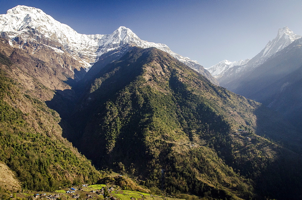 The view from Upper-Chomrong,  around 2210m, with the peaks of Annapurna South, 7219m, Hiunchuli, 6441m and Machhapuchhare, 6993m, in the background, Annapurna Conservation Area, Nepal, Himalayas, Asia 