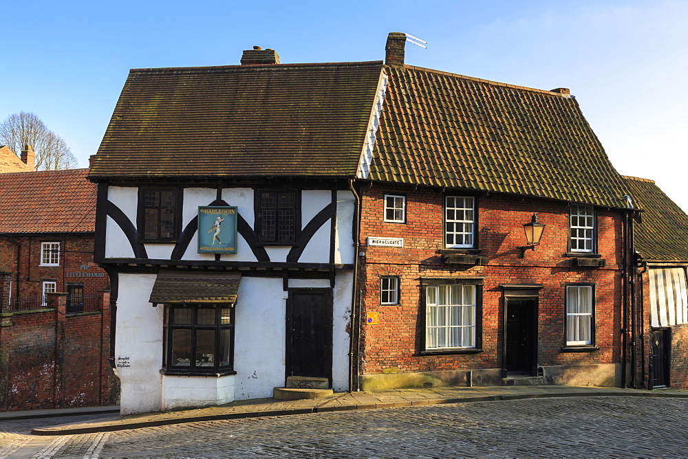 Half-timbered Harlequin, antique book store in historic building, Steep Hill, Cathedral Quarter, Lincoln, Lincolnshire, England, United Kingdom, Europe