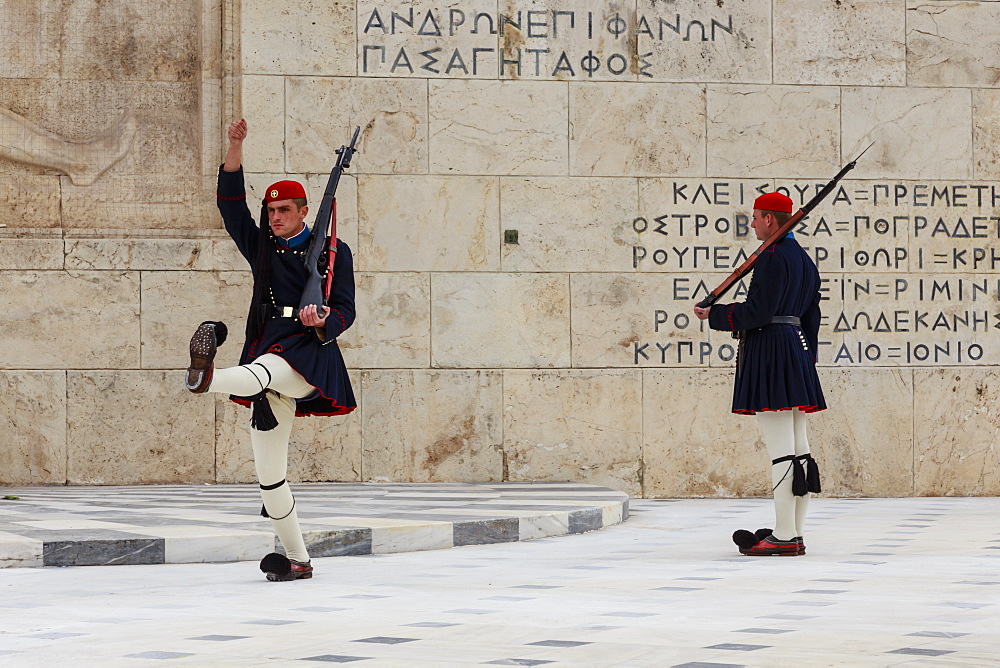 Evzone soldiers, Changing the Guard, Tomb of the Unknown Soldier, Parliament Building, Syntagma Square, Athens, Greece, Europe