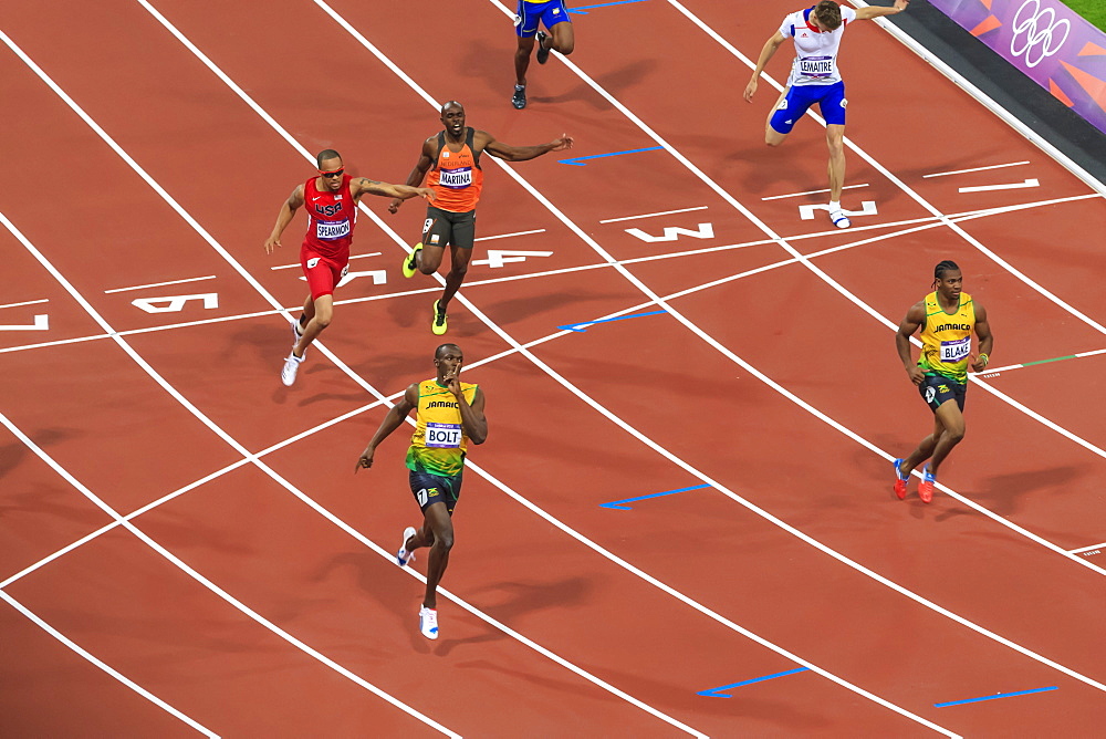 Usain Bolt after winning Men's 200m final, with finger to lips, Stadium, London 2012, Summer Olympic Games, London, England, United Kingdom, Europe