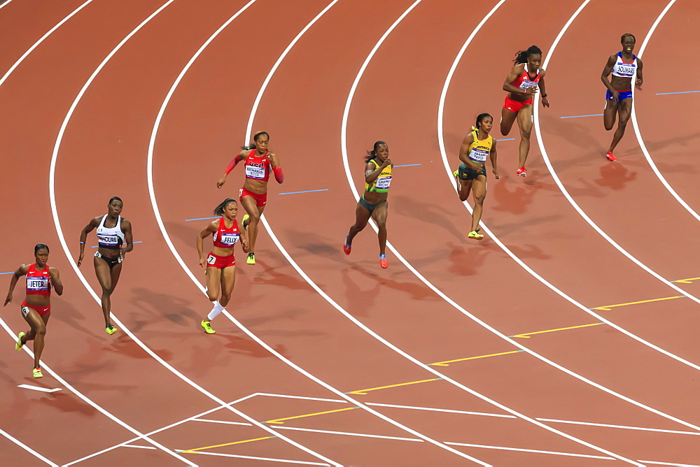 Finalists run the bend, Women's 200m final, Olympic Stadium, London 2012, Summer Olympic Games, London, England, United Kingdom, Europe