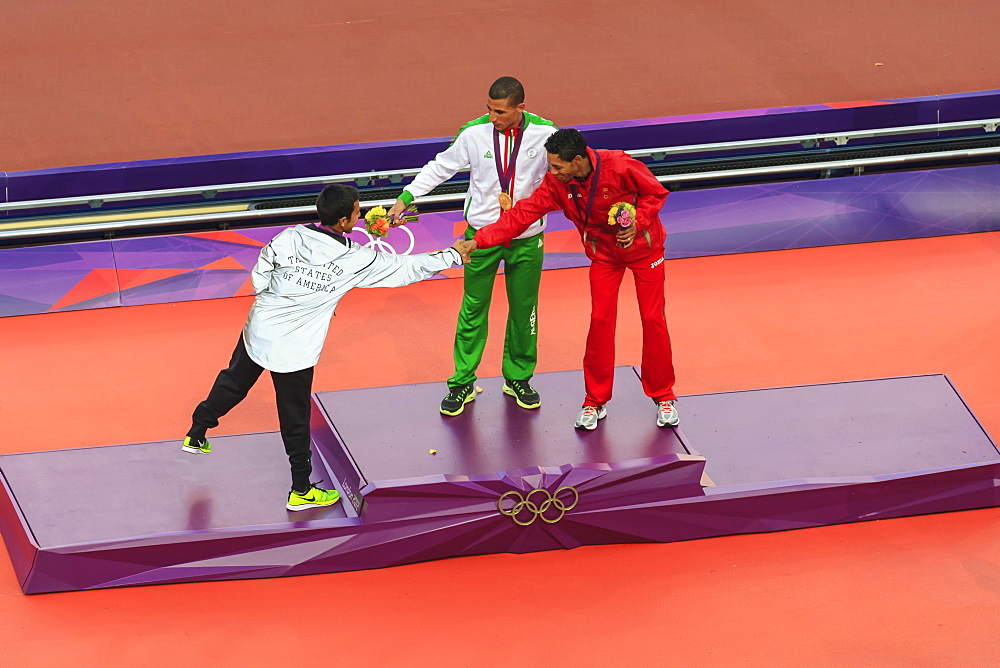 Victory ceremony of Men's 1500m, medalists shake hands, London 2012, Summer Olympic Games, London, England, United Kingdom, Europe