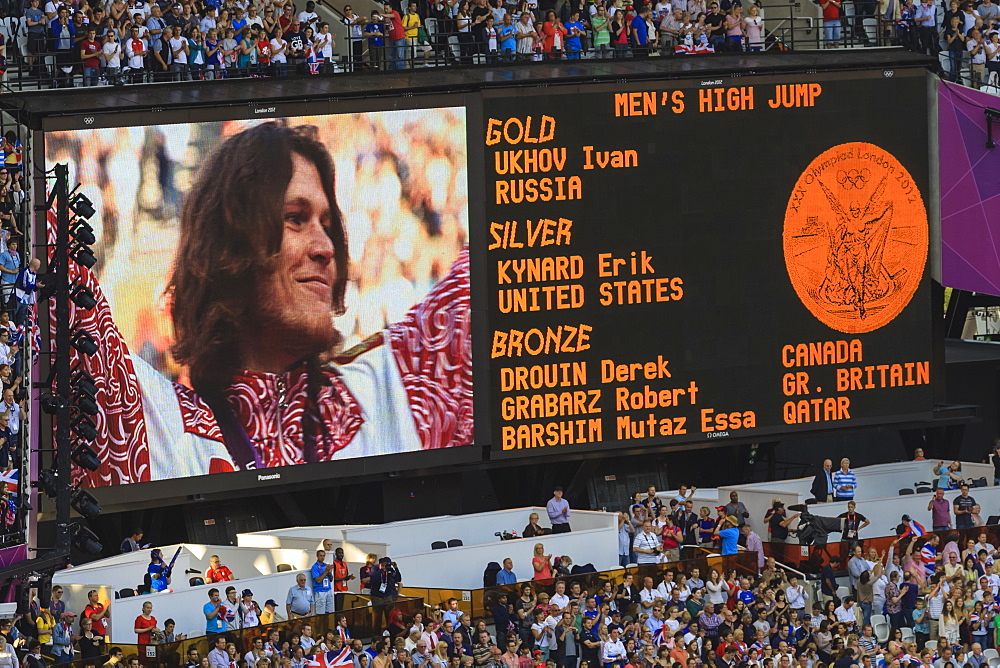 Stadium big screen shows winner of Men's high jump and medal positions, victory ceremony, London 2012, Olympic Games, London, England, United Kingdom, Europe