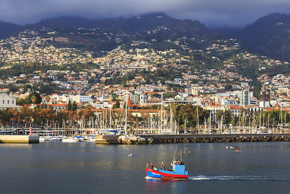 Funchal town from sea with fishing boat, lit by evening sun with foggy mountain backdrop, Funchal, Madeira, Atlantic, Portugal, Europe