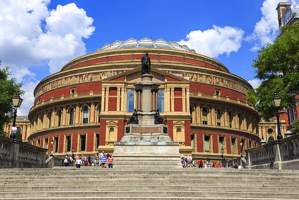 Royal Albert Hall exterior with Prince Albert statue, summer, South Kensington, London, England, United Kingdom, Europe