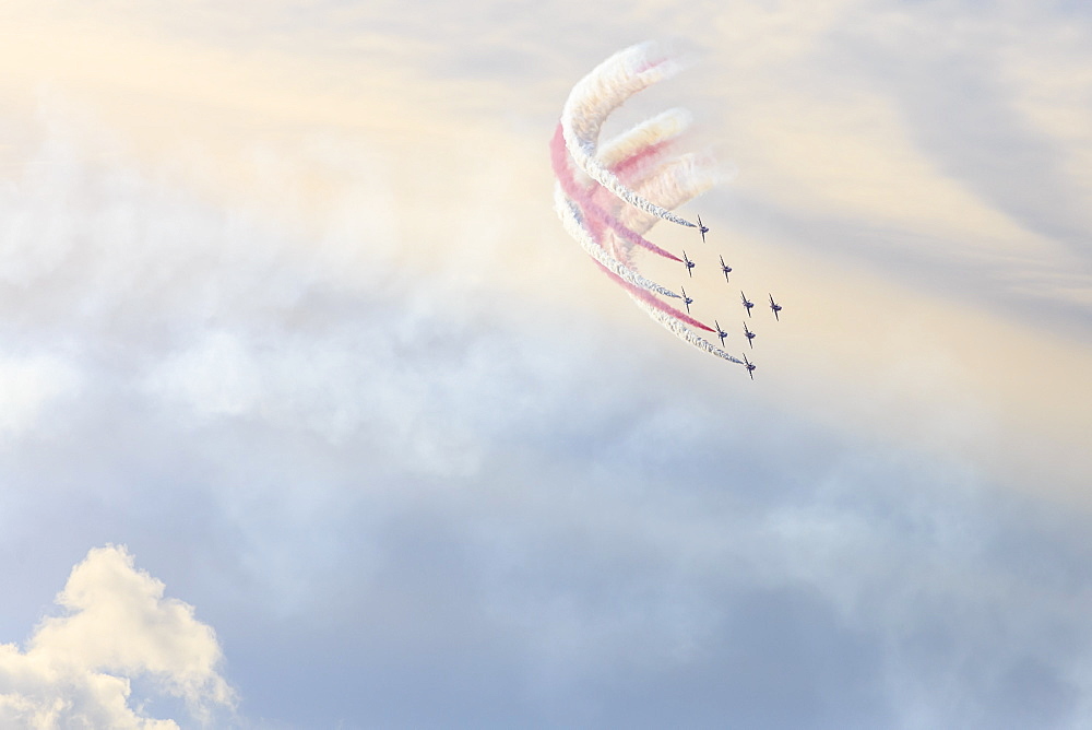 Red Arrows, Royal Air Force aerobatic display team, colourful sky, Derbyshire, England, United Kingdom, Europe