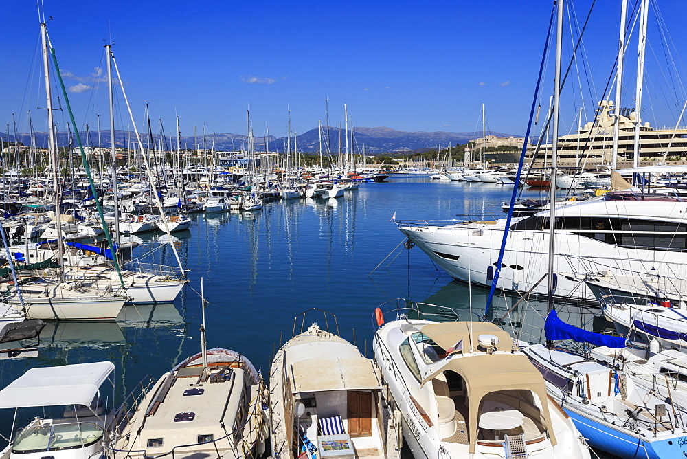 Vieux Port, with many yachts, view to Fort Carre, from Bastion St-Jaume, Antibes, French Riviera, Cote d'Azur, Provence, France, Europe